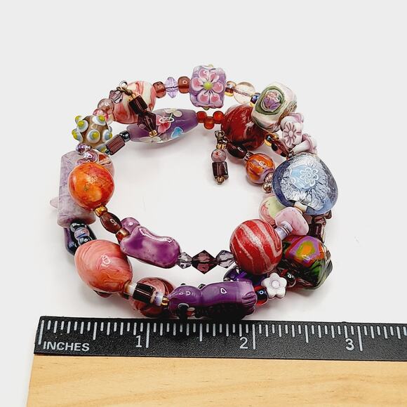 Artisan Memory Wire Bracelet w/ Purple Cats, Floral & Art Glass Beads - Picture 10 of 10